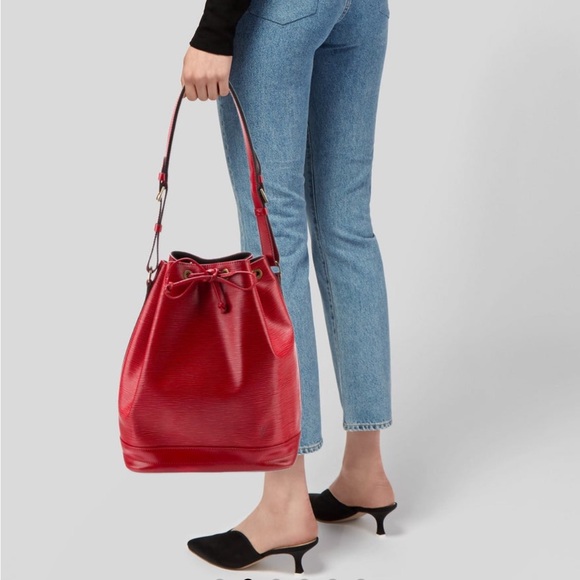 Authentic vintage Louis Vuitton Red Leather Epi Noe Drawstring Bucket Bag